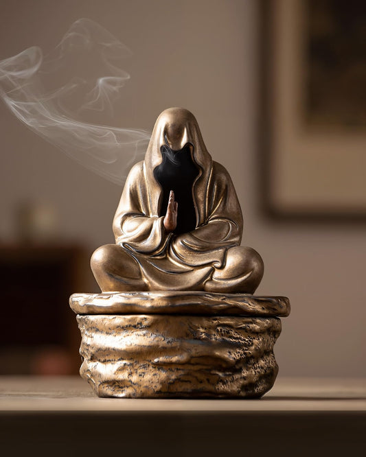 TEAVOR Ceramic Incense Burner for Cone & Coil – Faceless Buddha Statue for Protection, Evil Spirit Cleansing & Zen Meditation, Home Decor to Ward Off Negativity