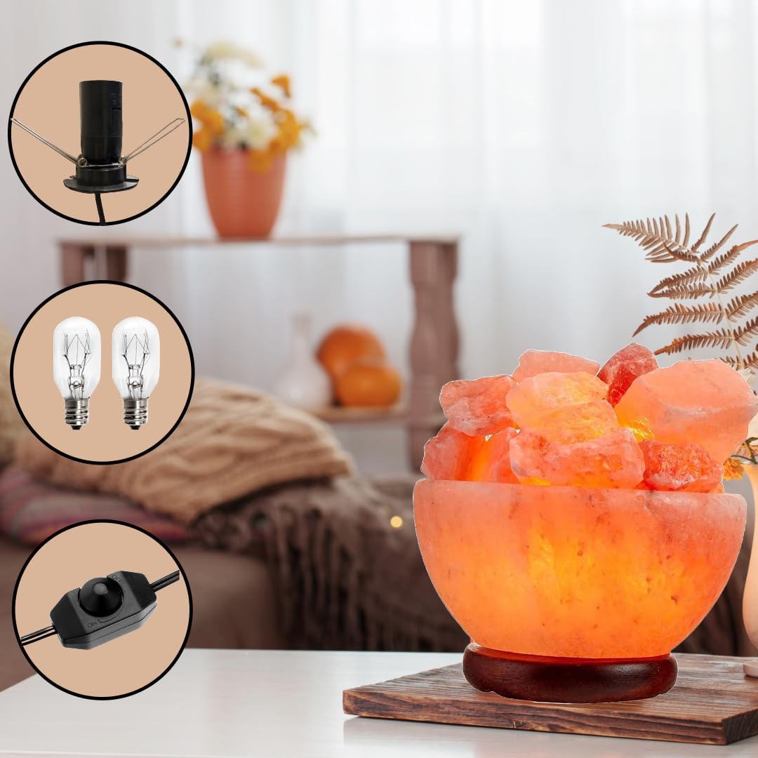 NatureBoost Himalayan Pink Salt Lamp Bowl with Chunks (BowlChunks) – Includes Dimmer Switch & 2 Bulbs, Unique Gift Idea