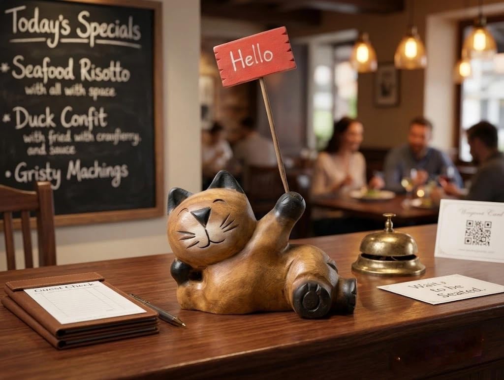 AHZGBL Wooden Cat Figurine, Hand Carved Solid Wood Cat Statue from Thailand, Handcrafted Home Decor for Living Rooms, Restaurants, Bars, Cafes, Whimsical Collectibles for Cat Lovers (Welcome Cat)