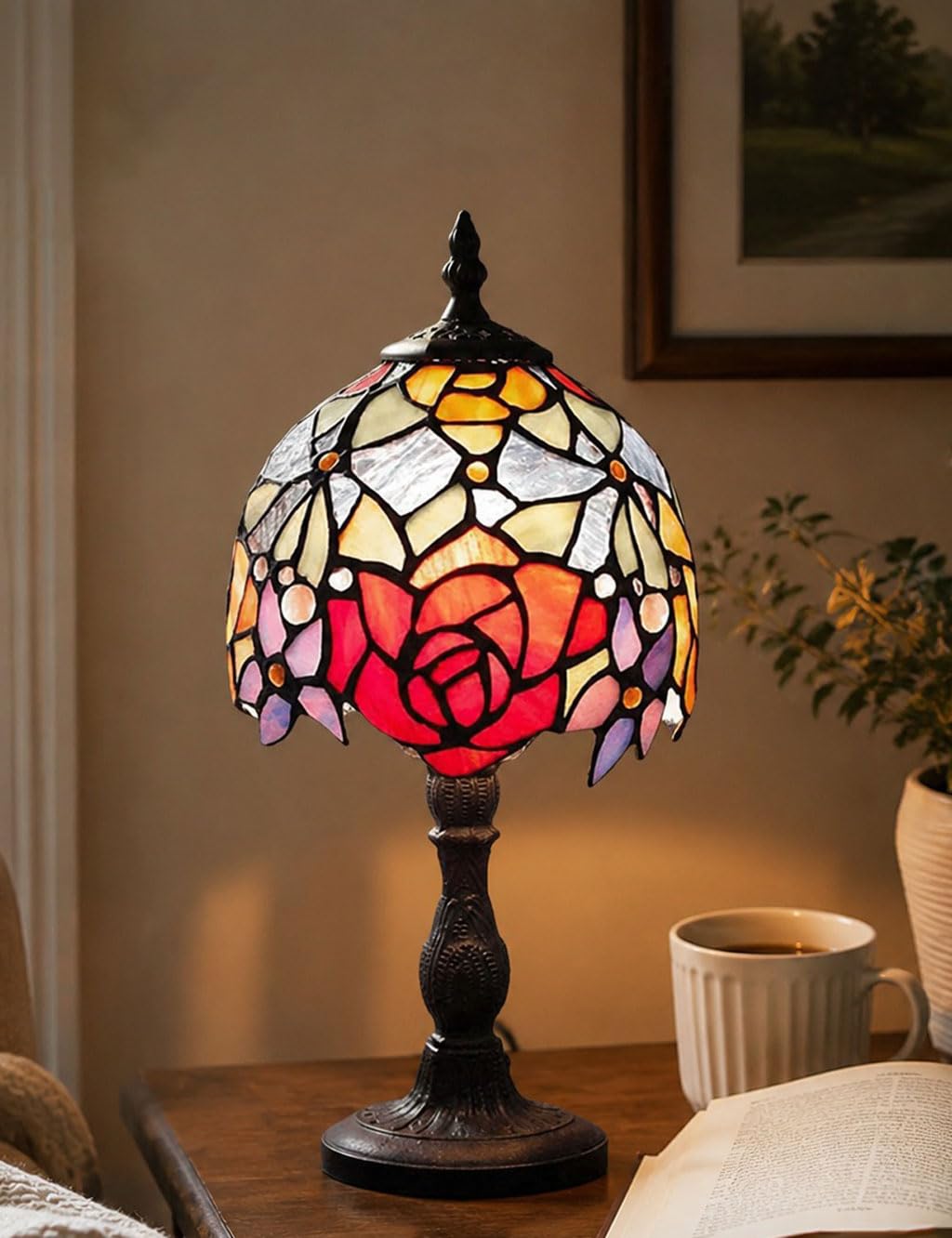 YINIETZSCHE Tiffany Style Table Lamp 8 Inch, Handmade Stained Glass Rose Shade Desk Lamp, Vintage Art Deco Bedroom Nightstand Light with Resin Base, Includes Warm Light Bulb