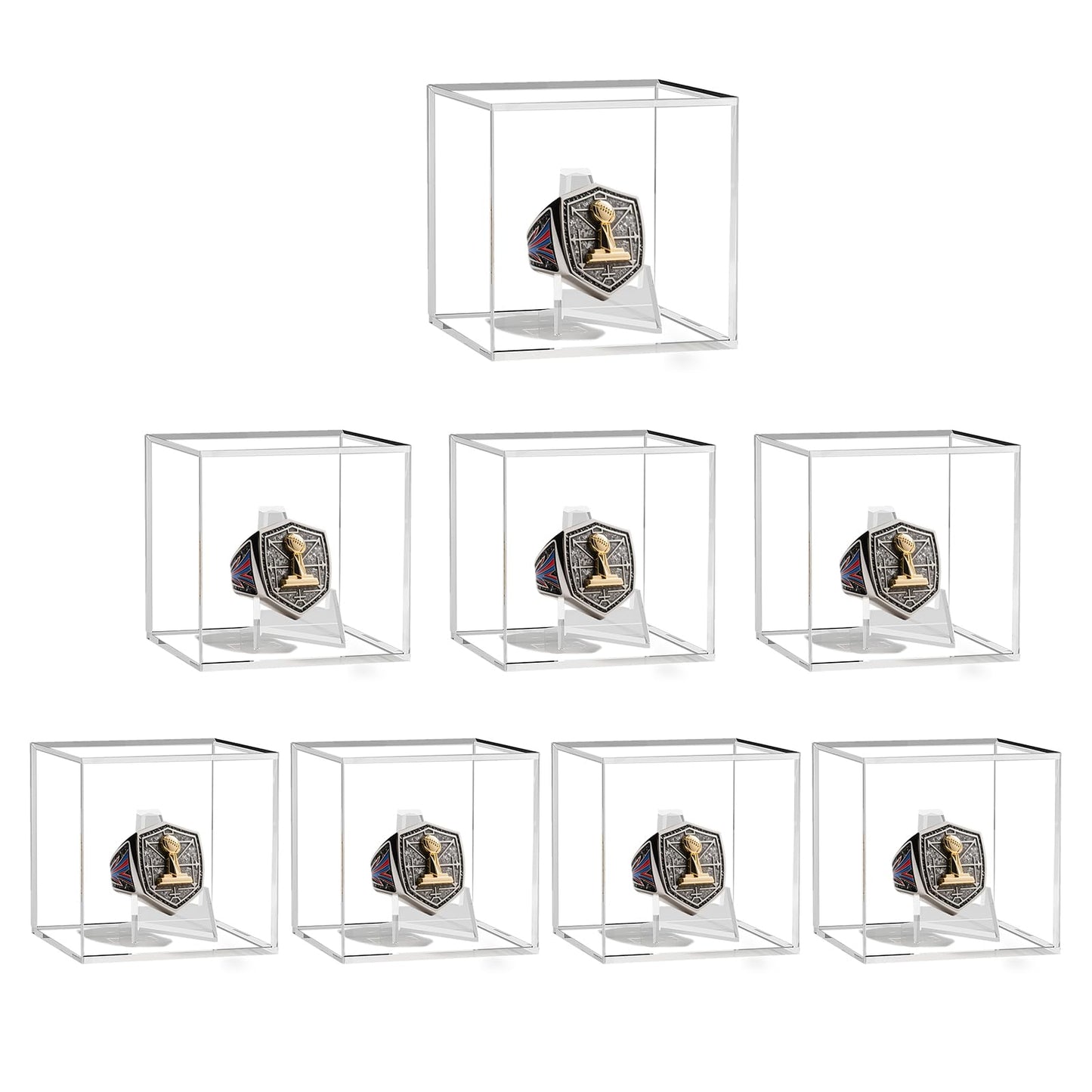 8 Pack Championship Ring Display Case with Stand, 2.5" Square Clear Acrylic Holder for Sports Rings, Memorabilia Showcase for Championship Ring