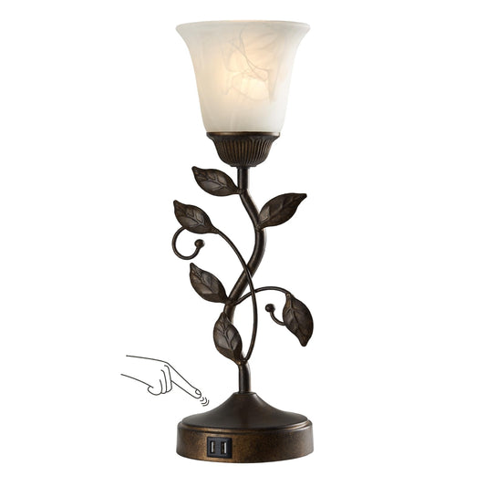 RORIANO Touch Bedside Table Lamp, Vintage Nightstand Lamp with 2 USB Ports for Living Room, 3 Way Dimmable Leaf Lamp Retro Table Lamp for Bedroom with White Glass Shade, LED Bulb Included