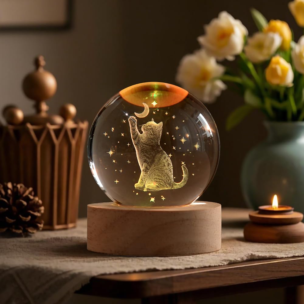 3D Cat Gifts for Women 60mm Crystal Ball Cat Lovers Gift Decor Cat Themed Gifts Lamp Glass Ball for Birthday Mothers Day Christmas Birthday