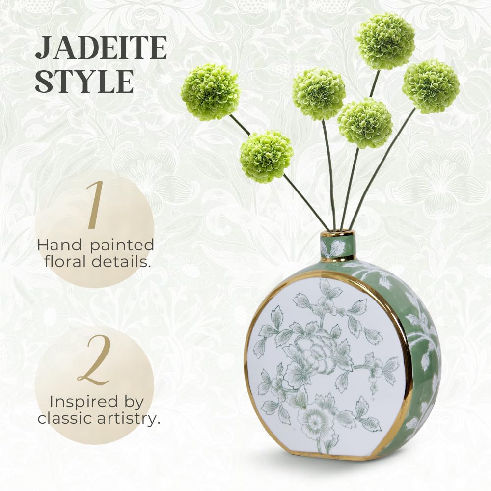 Andaliz Dual-Sided Floral Ceramic Vase with Gold Trim, Compact Chinoiserie Hand-Painted Vase for Home Decor, 10.2 Inch Decorative Vase for Tabletop, Shelf Display