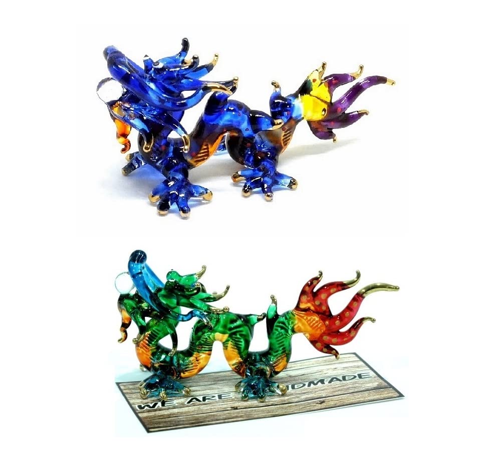 (Bundle of 2) Handmade 3" Lucky Dragon Blown Glass Figurine Art, Cool Stuff, Miniature Animals, Home or Garden Decor Gift Ideas