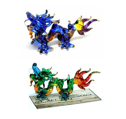 (Bundle of 2) Handmade 3" Lucky Dragon Blown Glass Figurine Art, Cool Stuff, Miniature Animals, Home or Garden Decor Gift Ideas