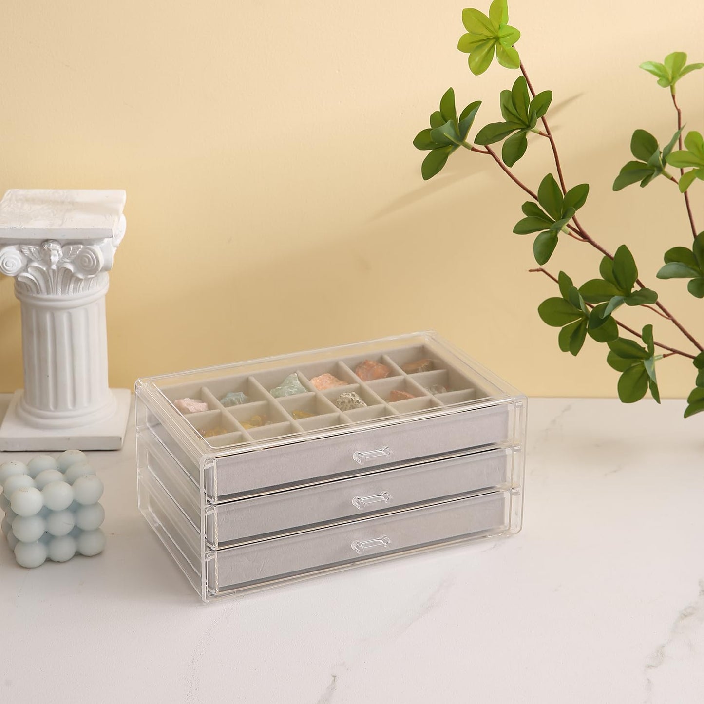 Rock Display Case, 54 Girds Rock Collection Display, Rock Collection Box for Kids with Acrylic Cover and Velvet Compartment, Gemstone Display Case for Stones, Crystals, Gems (Grey)