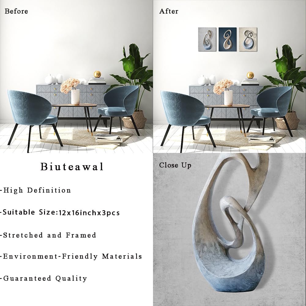 Biuteawal 3 Piece Grey Blue Sculpture Picture Abstract Geometry Canvas Wall Art Blue Print Painting Wall Artwork for Bedroom Office Living Room Decoration