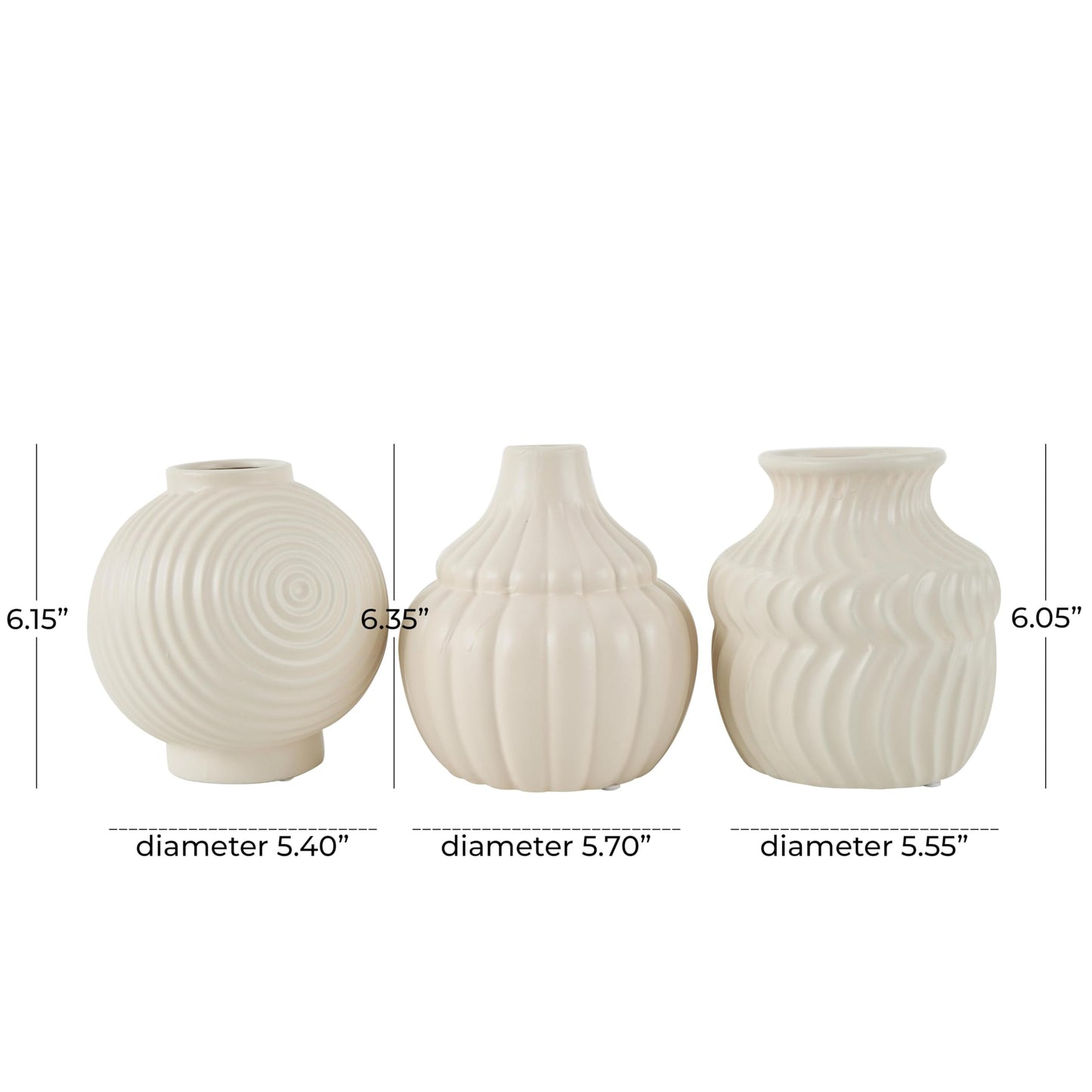 Deco 79 Ceramic Abstract Decorative Vase Small Textured Centerpiece Vases with Varying Shapes and Patterns, Set of 3 Flower Vases for Home Decoration 5" W, 6" H, Cream