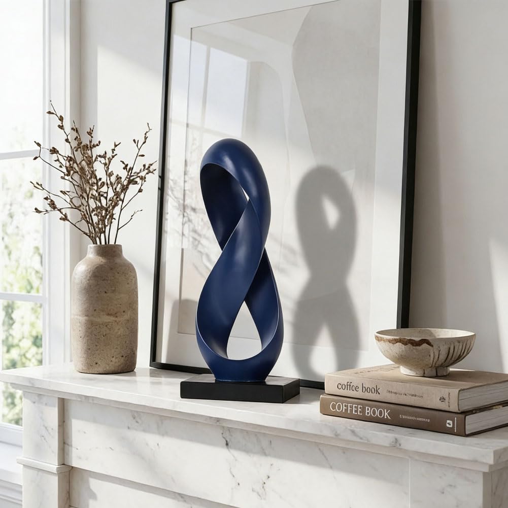 QIANLING 14.6" Tall Abstract Blue Knot Sculpture, Modern Resin Infinity Loop Statue, Modern Tabletop Decor for Coffee Table, Bookshelf, Mantel, Entryway, Living Room Office Accent Centerpiece
