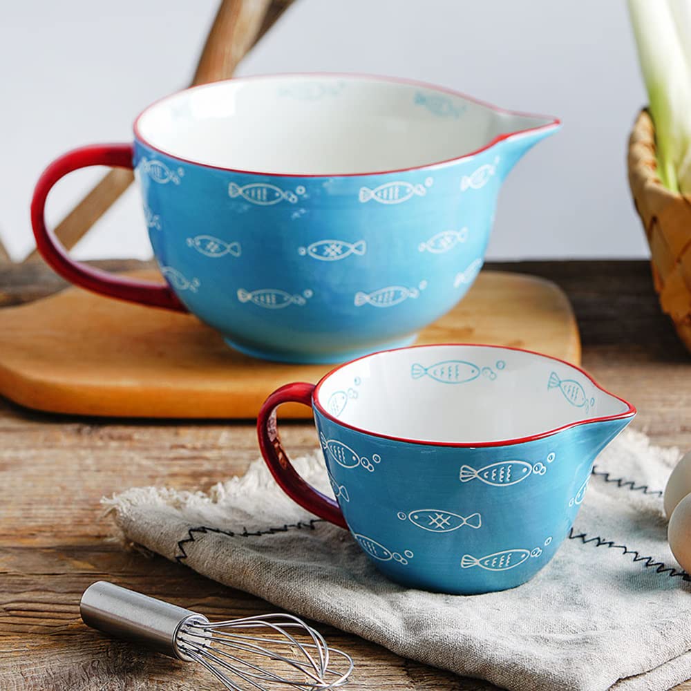 Gaolinci Blue Fish Pattern Kitchen Ceramic Mixing Bowl, 1 Quart Large Bowl, with Pouring Spout and Handle