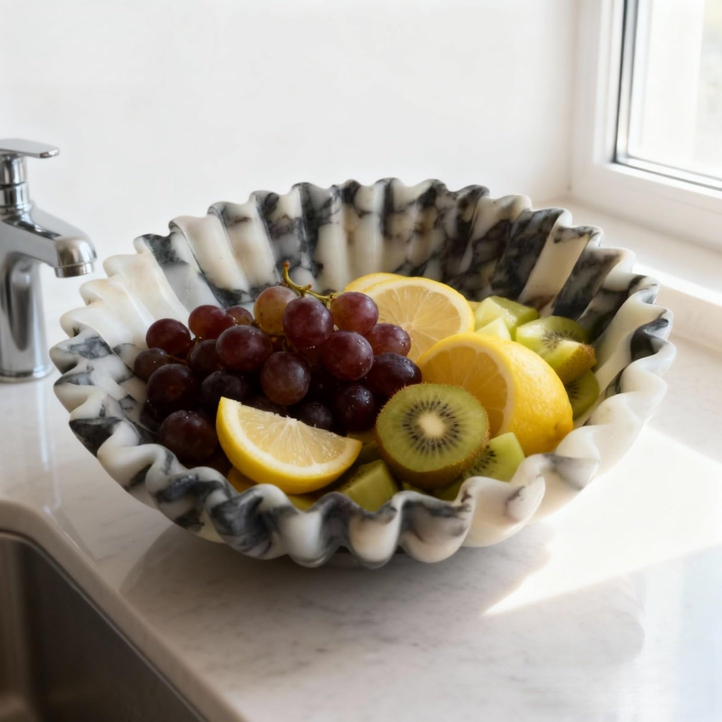 SourcTrek 10-inch Decorative Bowl - Handmade Natural Marble, Scalloped & Ruffled Edge, Fruit Bowl, Key Holder, Centerpiece Bowl for Kitchen Counter, Entryway, Dining Table (Calacatta Viola Violet)
