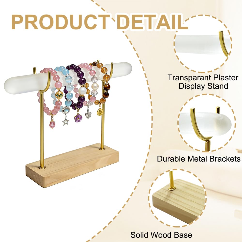 Selenite Bracelet Holder Display Stand, Detachable Selenite Crystal Healing Goth Bracelet Display Stand with Wooden Base, Jewelry Wrap Organizer Holder for Necklace Watch Bangles Charging Cleansing