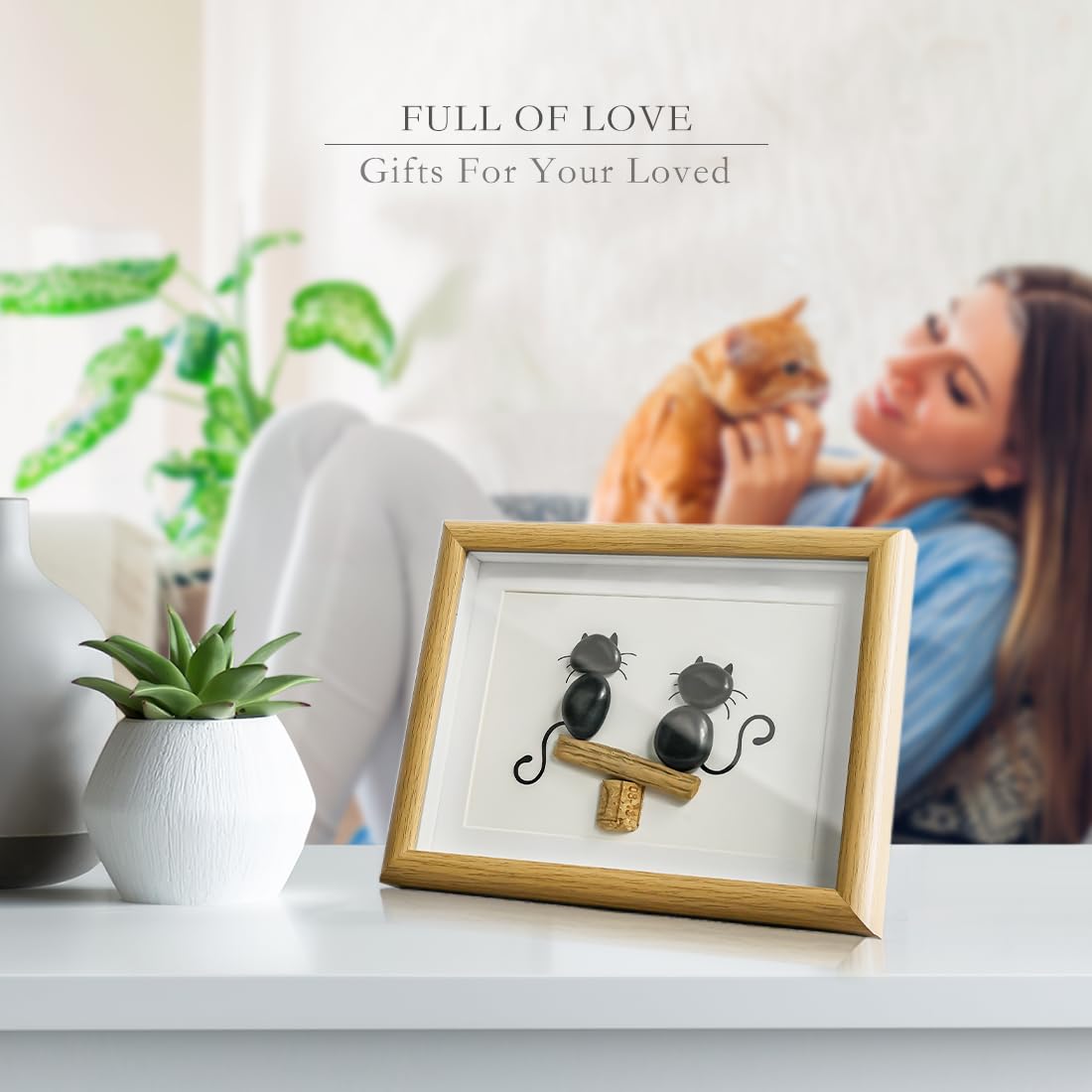 Litepedia Cat Lovers Gifts Pebbles Framed Wall Art Decor,Cat Themed Gift for Women,Pebble Art Wodden Framed Art,Cats Decor for Friends, Mom, Lovers, Birthday, Housewarming Gift