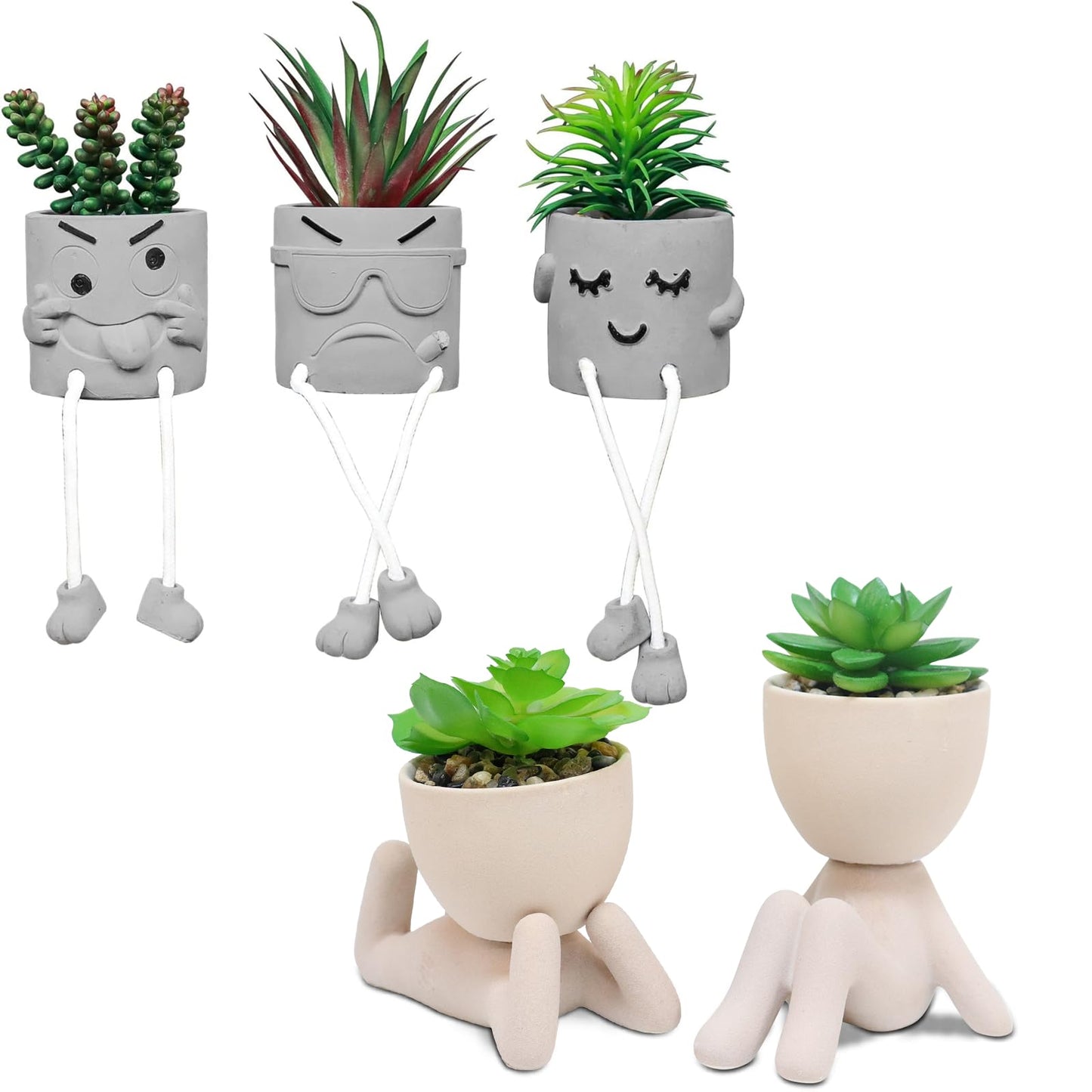 Zerzsy 3pcs Creative Artificial Succulents with Gray Flower Pots Bundle with 2PCS Cute Artificial Succulent Plants with Creative Human Shaped Pots