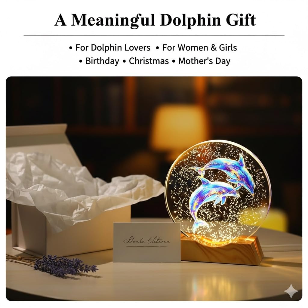 BJSYLTEK K9 Crystal Dolphin Night Light, 10cm Glass LED Lamp with Wood-Grain Style Base, Warm Light Table Desk Lamp, Elegant Home Decor Gift
