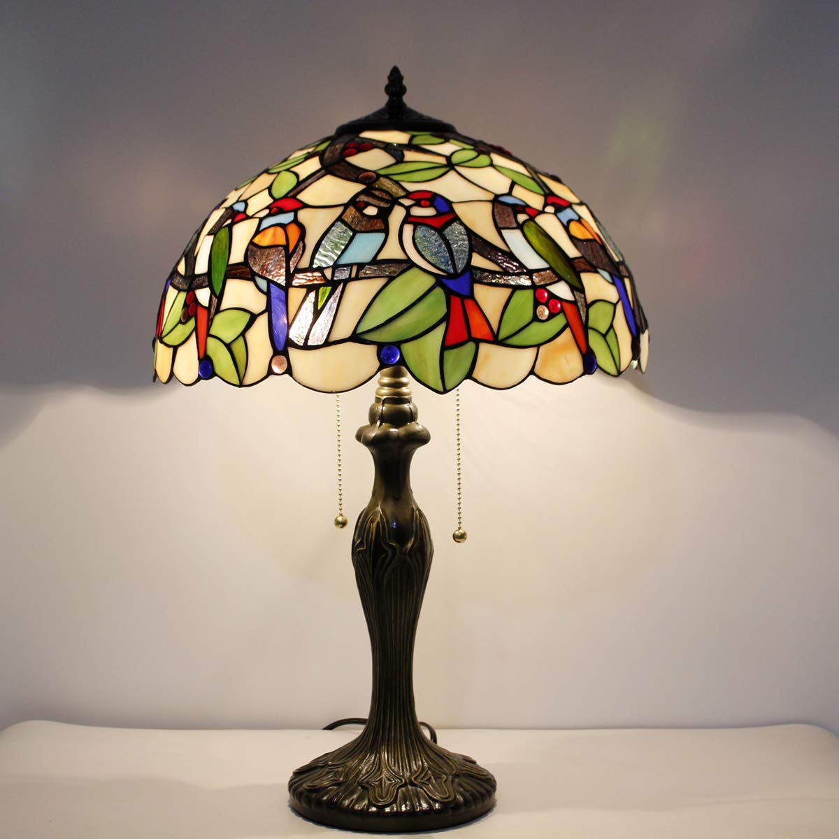 WERFACTORY Tiffany Table Lamp Colorful Stained Glass Birds Bedside Lamp 24"