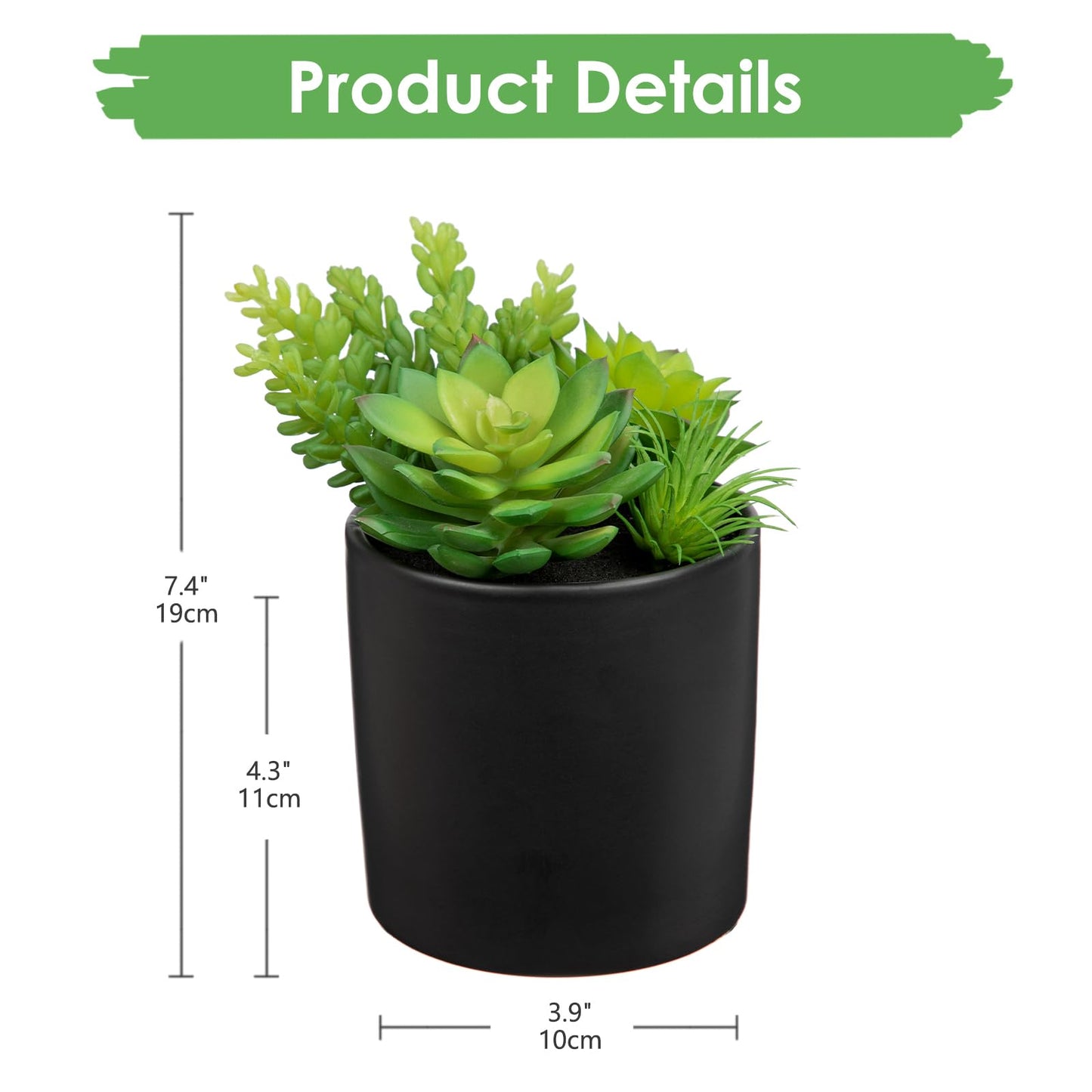 Hollyone Artificial Succulents in Pots Faux Succulents Plants Fake Succulent Arrangement Potted Plants with Black Ceramic Vase for Office Desk Bathroom Shelf Living Room Indoor Home Decor