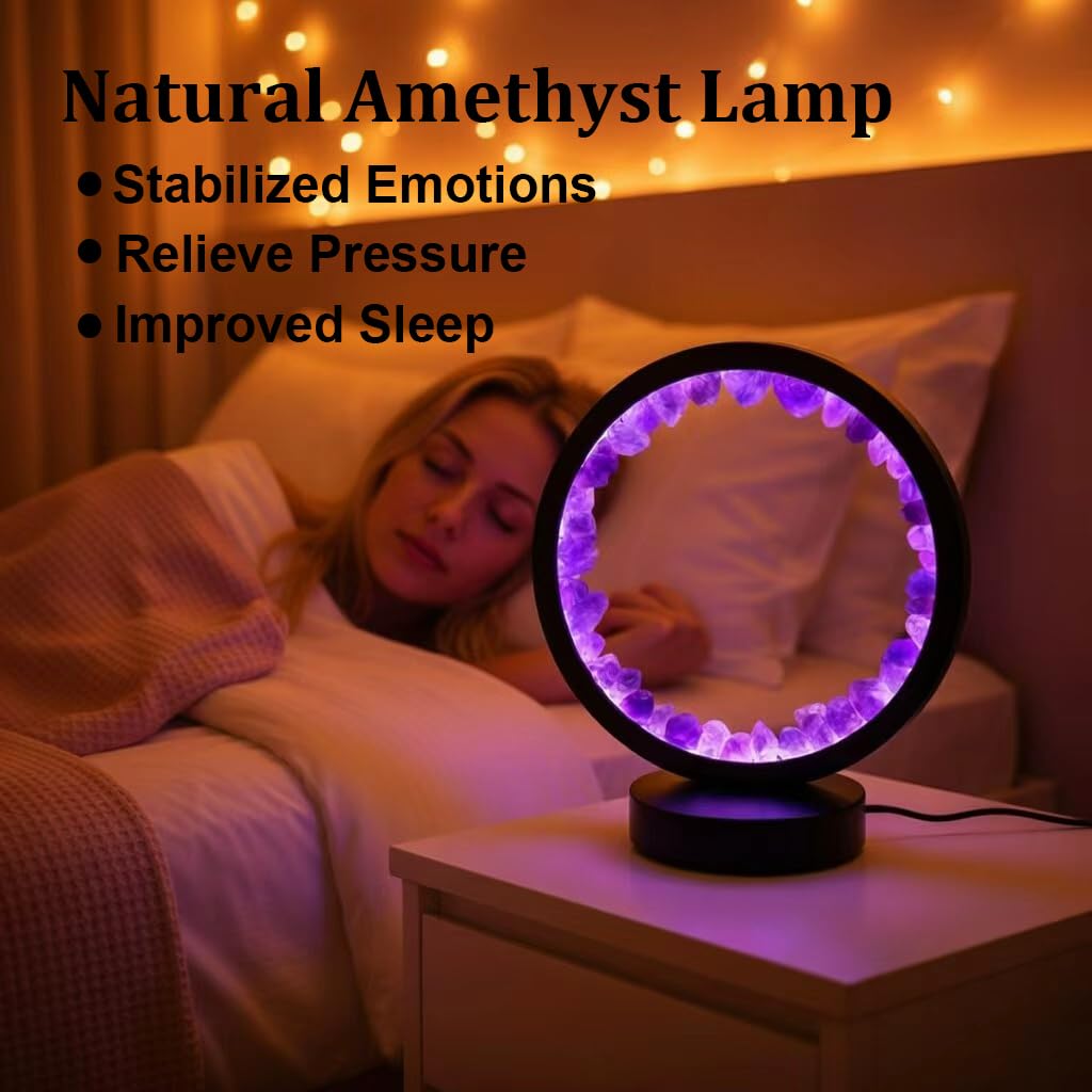 RUIJINGYUAN Natural Amethyst Night Light - 7.9" Healing Crystal Lamp, USB Powered, 3 Light Modes with Dimming Function, Bedside Lamp, Suitable for Bedroom, Living Room Furniture Decoration Gift