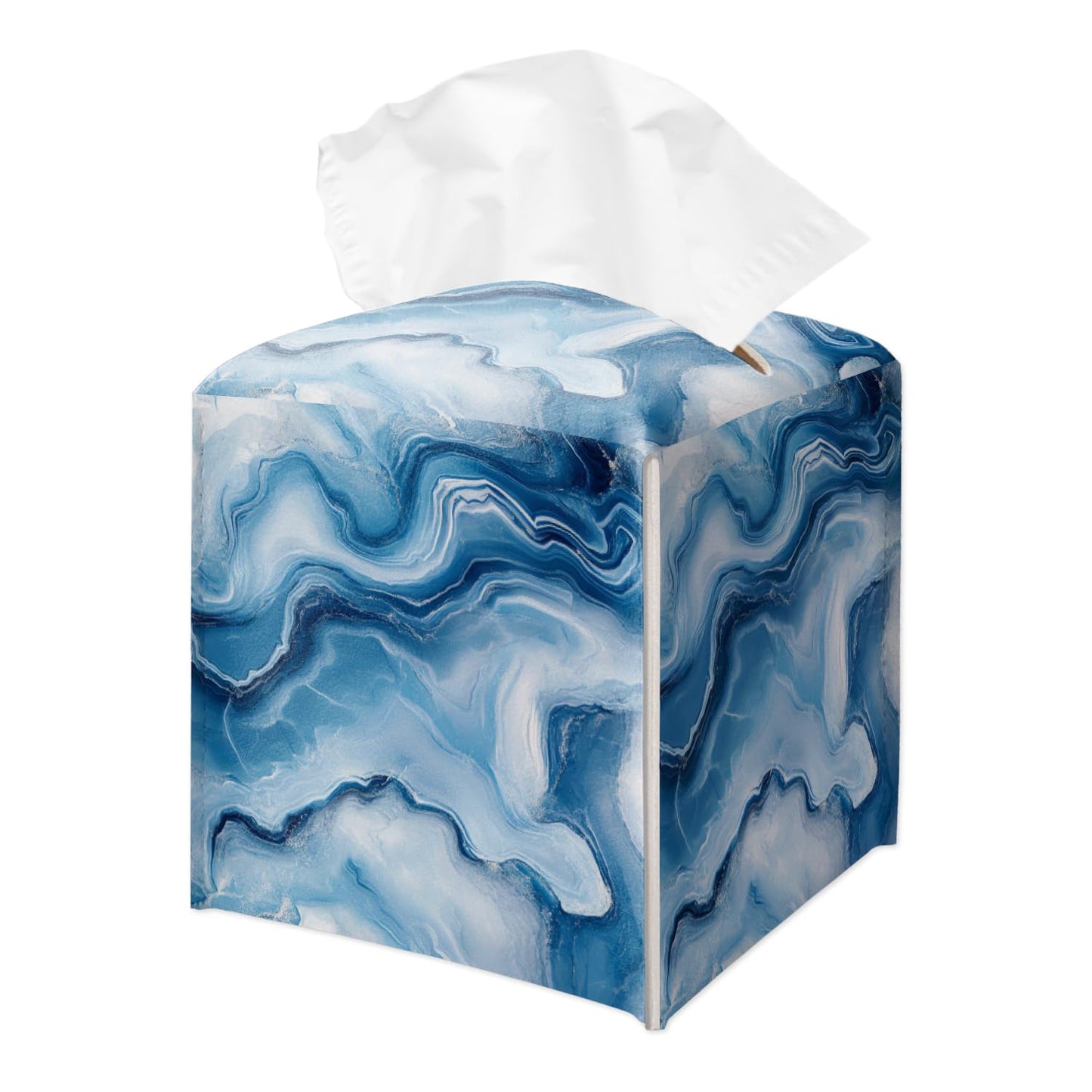 Blue Marble Tissue Box Holder, Modern Leather Tissue Box Cover Square, Waterproof Facial Paper Organizer Dispenser for Home Bathroom Bedroom Night Stand Office Countertop -025