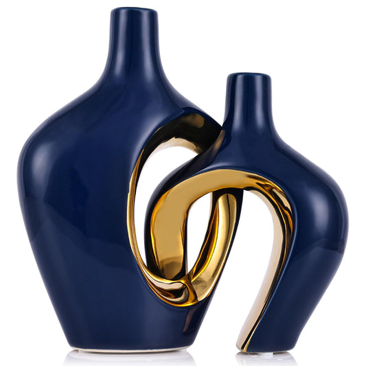 Blue Hollow Ceramic Vases Set of 2 - Modern Nordic Boho ins Style Vases for Decor, Decorative Pampas Grass Flower Vases for Wedding, Living Room, Office, Entrance, Dining Table Decor Centerpieces