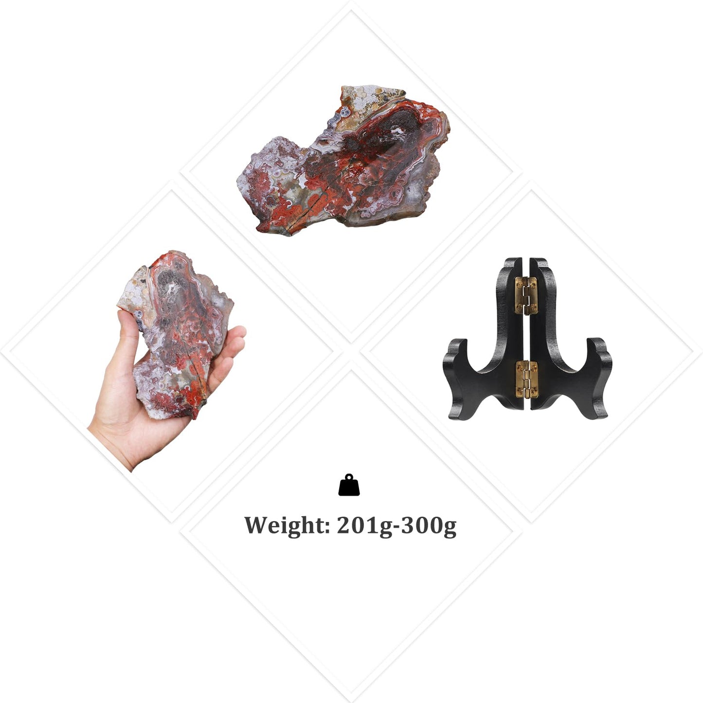 TUMBEELLUWA Irregular Mexico Agate Slab Crystal Stone Collection for Desk Table Decor, Natural Crystal Mineral Specimen with Wooden Display Stand
