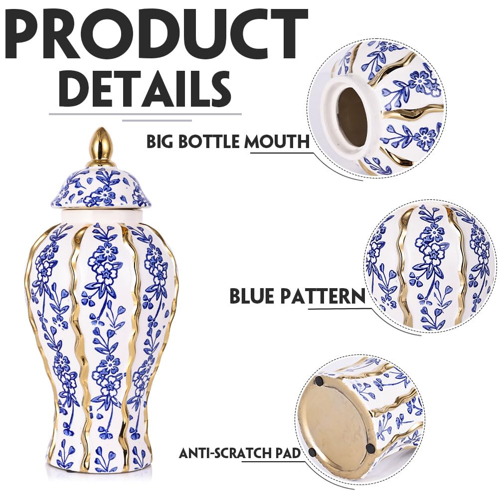 White and Gold Blue Luxury Ceramic Ginger Jar Vase with Lid - Modern Geometry Decorative Vase for Home Decor, Living Room, Kitchen, Dining Table, Cabinet Decor
