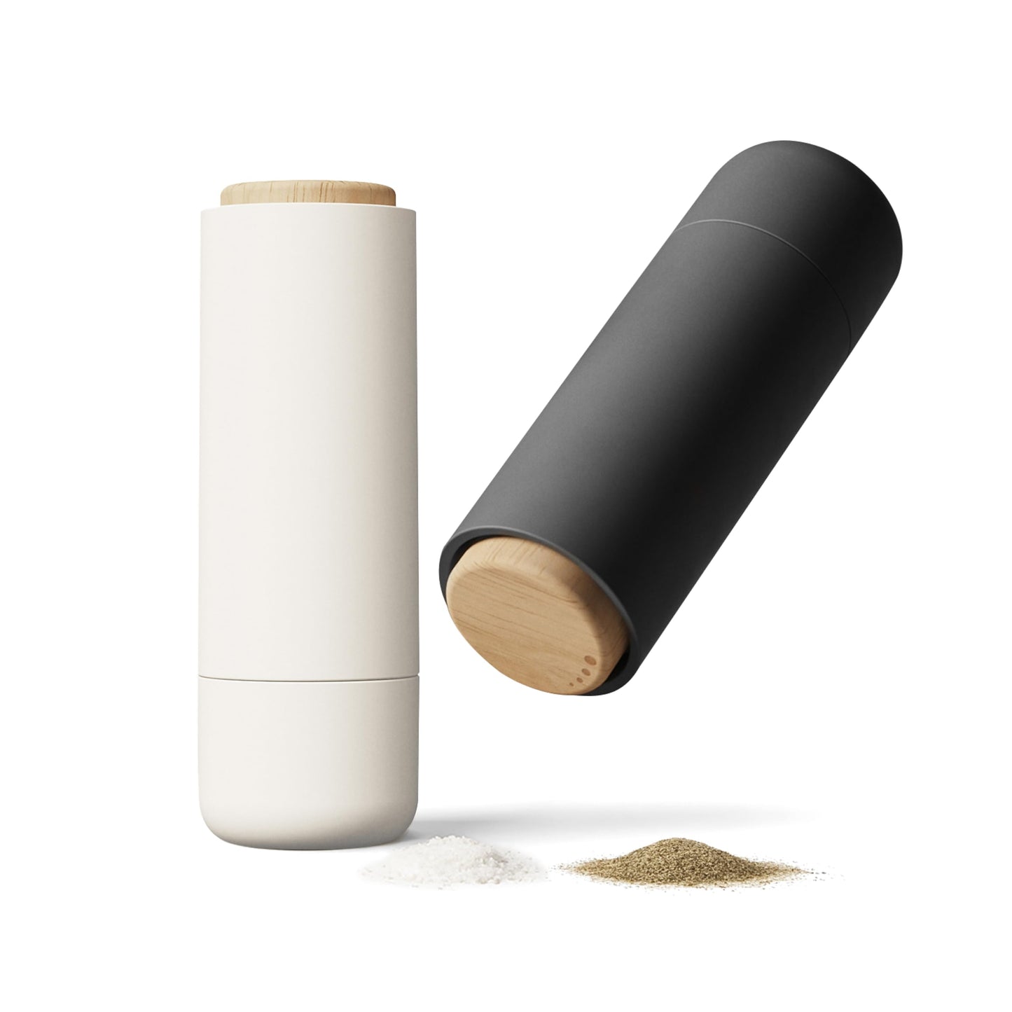 LIBKEN Non-Spill Salt and Pepper Grinder Set - Adjustable Ceramic Grinder - Minimalistic Spice Mill - Easy to Refill Condiments Dispenser - Wood & Soft-Coated Plastic - 6.2 x 2.2 inch (White & Grey)