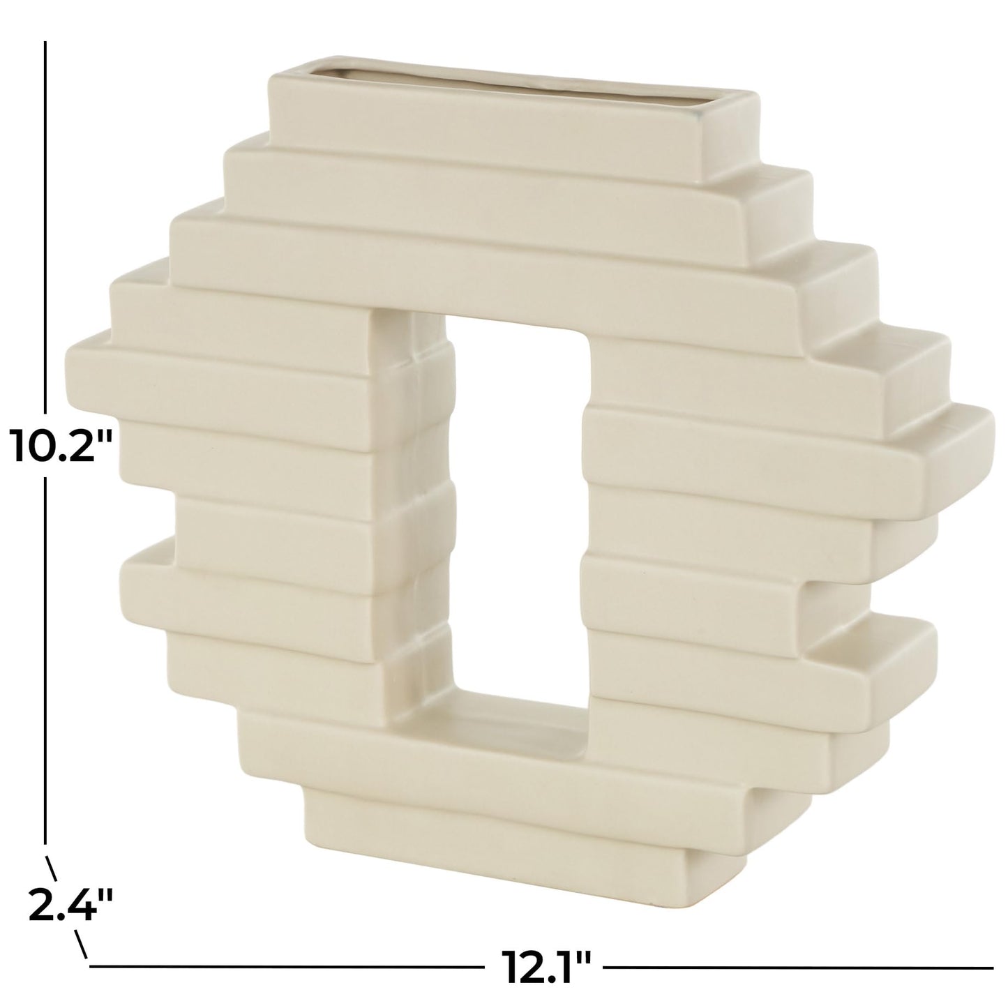 Deco 79 Ceramic Abstract Decorative Vase Centerpiece Vase with Rectangular Center Cutout, Flower Vase for Home Decoration 12" x 2" x 10", Cream