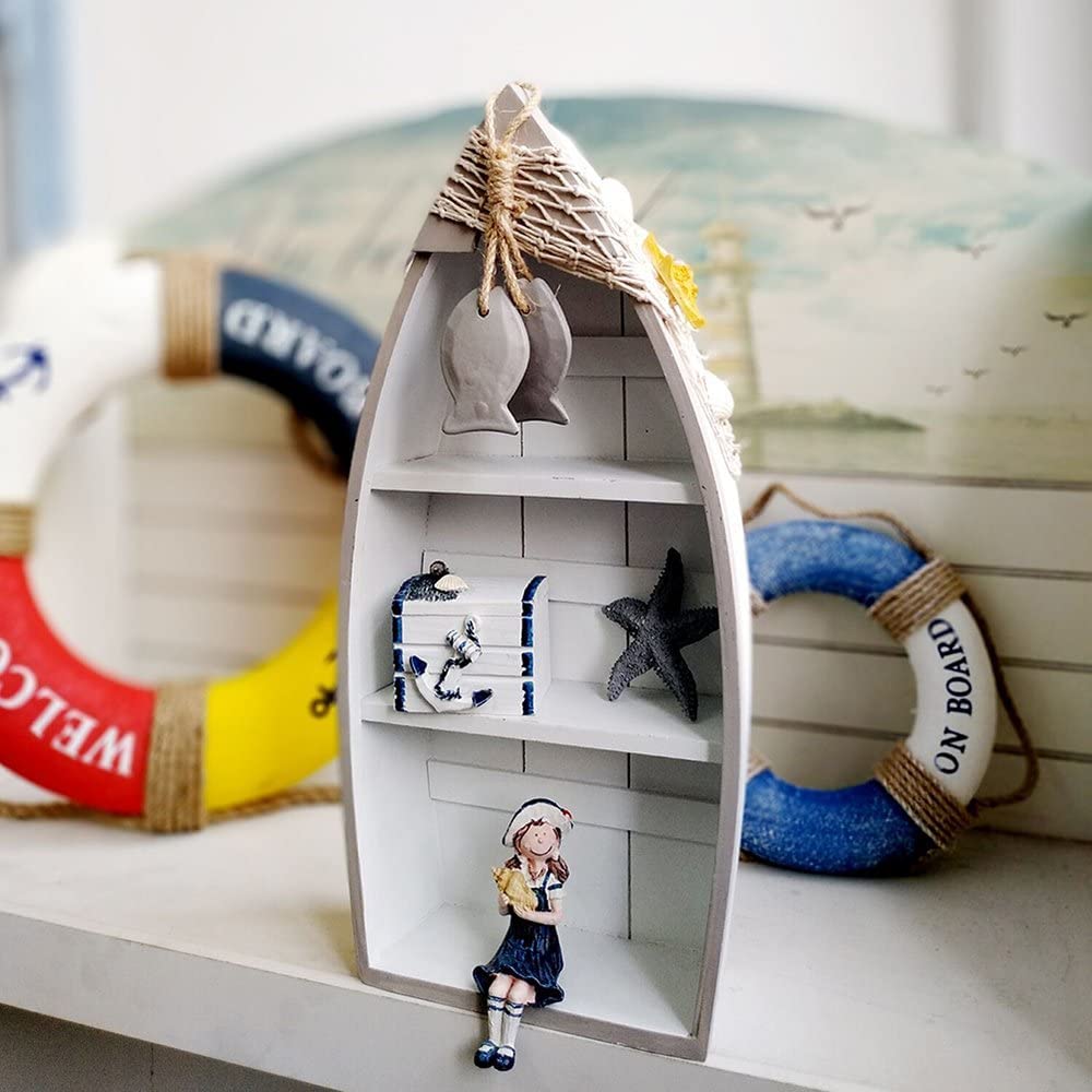 Linfevisi Wood Boat Shelf Decor Beach Theme Standing Boat Shelf Wooden Boat Decor Boat Book Shelf Nautical Decor Standing Boat Display with Net Starfish Seashell Accent Home Decor for Bathroom 16.5"
