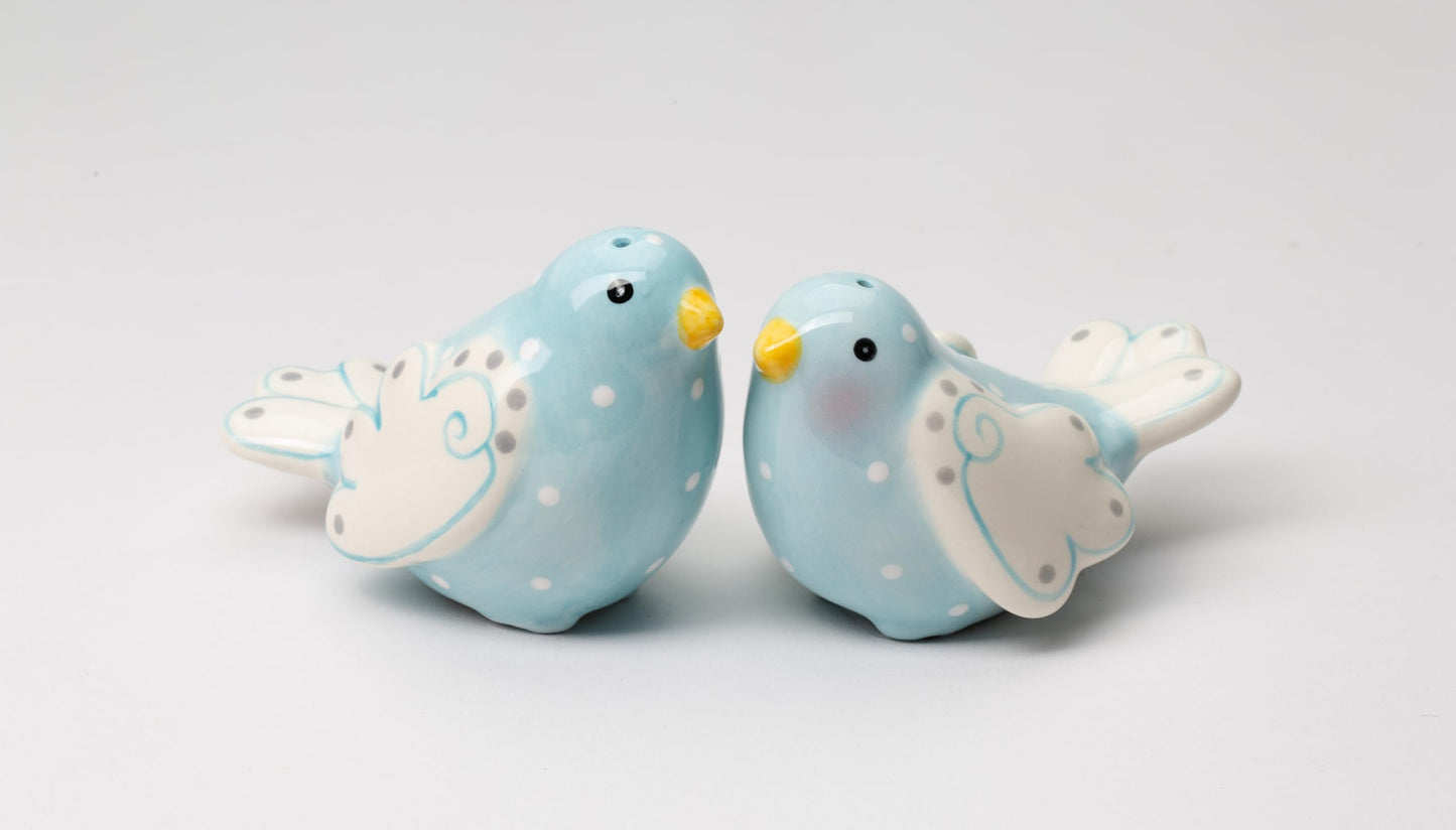 Fine Ceramic Lovebird Bluebird Pastel Baby Blue Bird with White Wings and White Polka Dots Design Salt and Pepper Shakers Set, 3-5/8" L