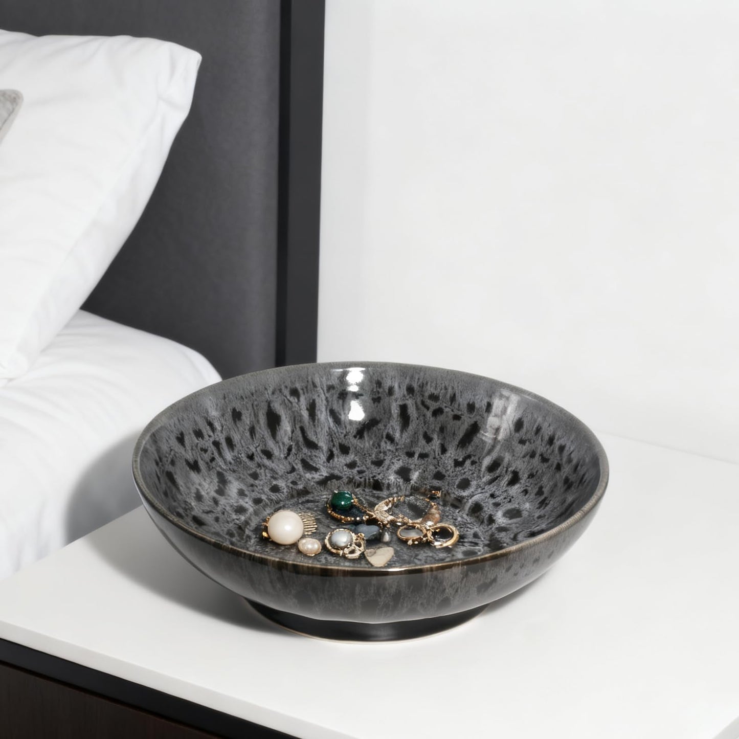 Ronanemon Ceramic Fruit Bowl,10.2" Decorative Bowl, Large Fruit Bowl for Kitchen Counter, Pedestal Bowl, Kitchen Counter Décor, Bread Candy Snacks Organizer(Black Gray)