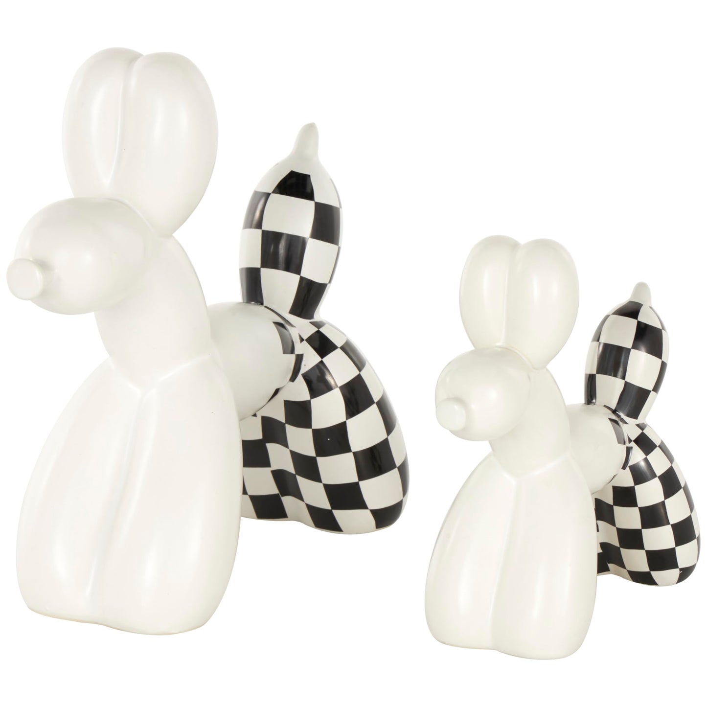 Deco 79 Ceramic Dog Decorative Sculpture Balloon Home Decor Statues with Checkered Accents, Set of 2 Accent Figurines 9", 7"H, White