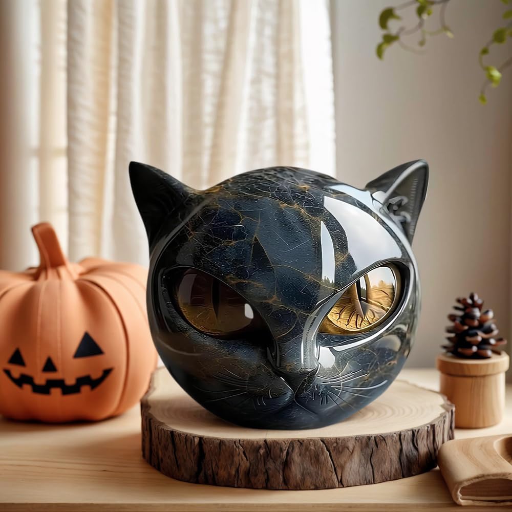 FACIOWN Black Cat Stone Sculpture,Figurine Handcrafted Look Resin Statue,with Amber Eyes, Elegant Shelf Decor for Home or Office (Yellow)