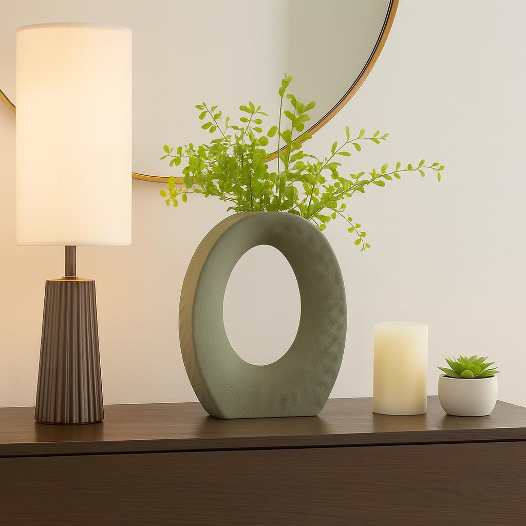 Sculpted Open Cut Out Ceramic Vase for Living Room Decor - Decorative Flower Vase for Bedroom, Home Accents, or Office Display - Ideal House Display for Shelf and Console Table - 11", Green