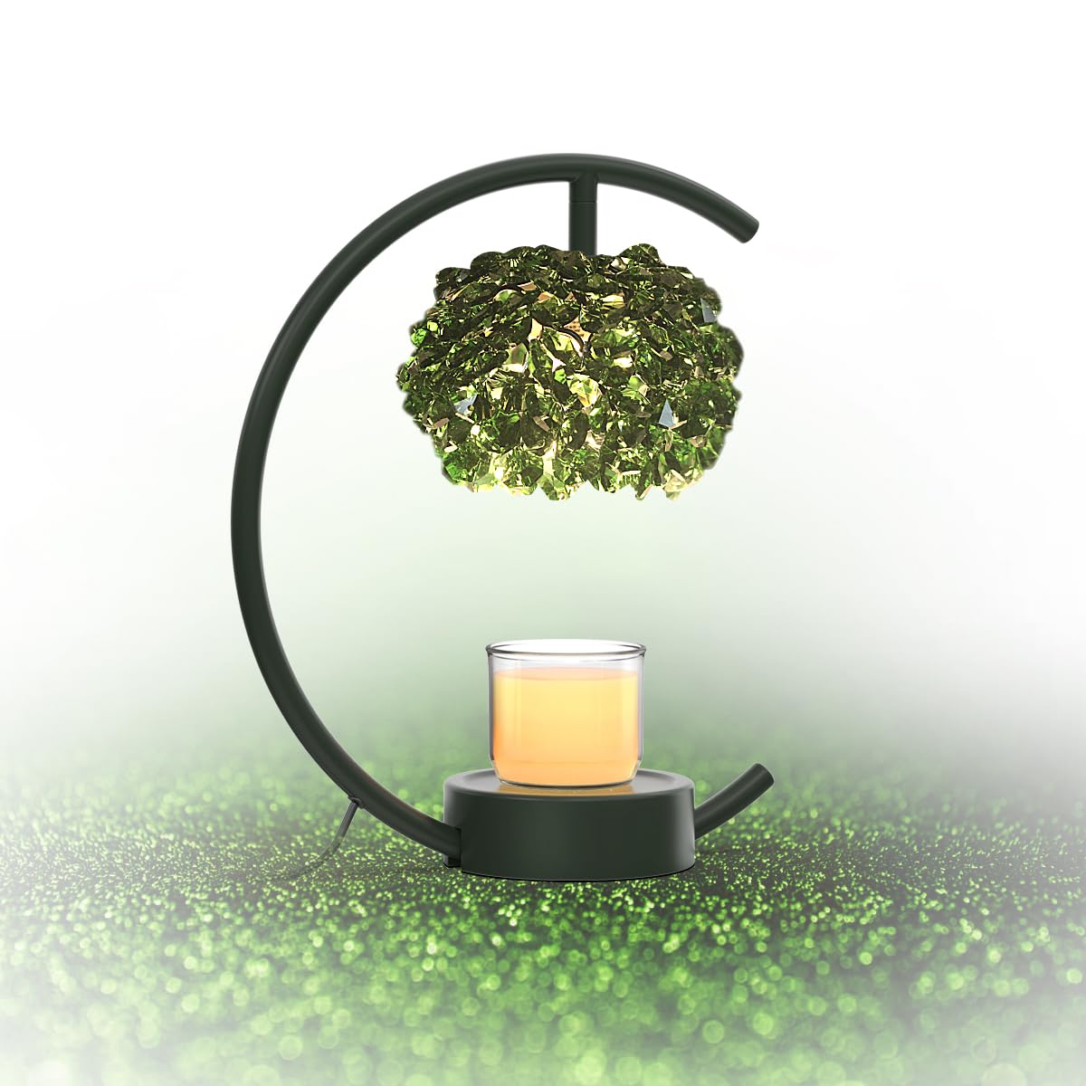 Yeuslor Candle Warmer Lamp for Jar Candles with Adjustable Brightness＆Timer，Handcrafted Green Crystal Candle Lamp Luxurious Design+2Bulbs,Home Decoration Electric Candle lamp(Balck C-Shaped)