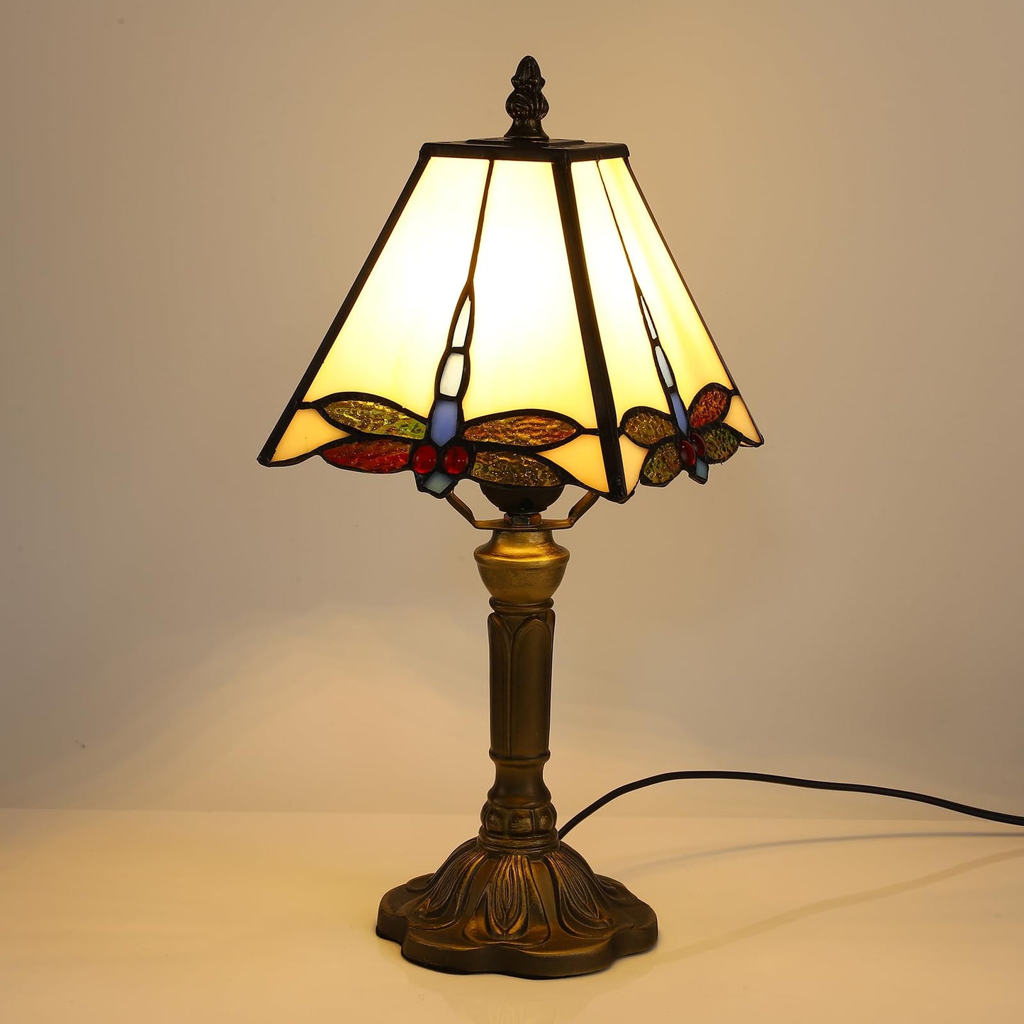 FUMAT Tiffany Table Lamps LED Bedroom Bedside 18 INCH Tall Table Lamp Rose Flower Grape Stained Glass Lamp for Table Lamps (White Dragonfly-8X8X15INCH)