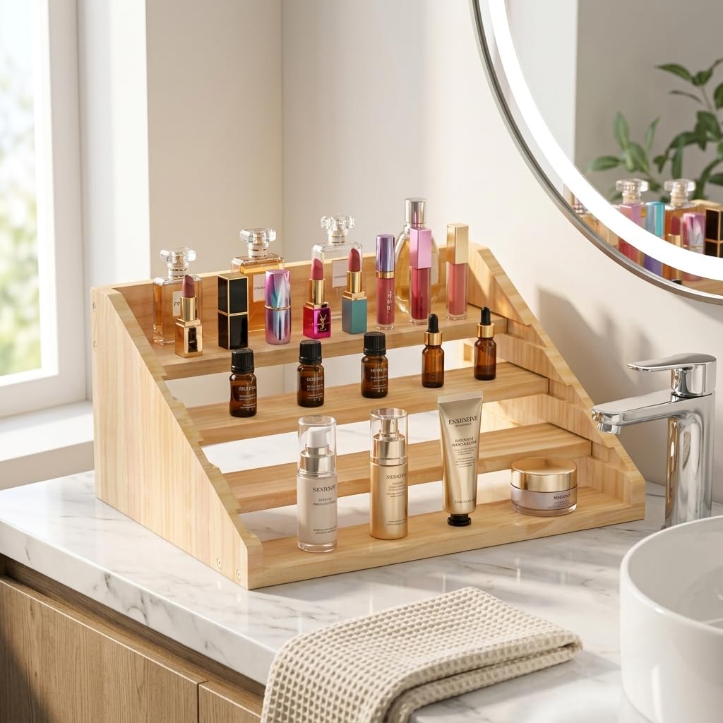 Solid Wood Spice Rack Organizer for Countertop & Cabinet, 4 Tier Adjustable Wooden Spice Shelf with Sliding Track, Premium Step Seasoning Bottle Holder for Kitchen, Pantry, Office, Natural Wood Color