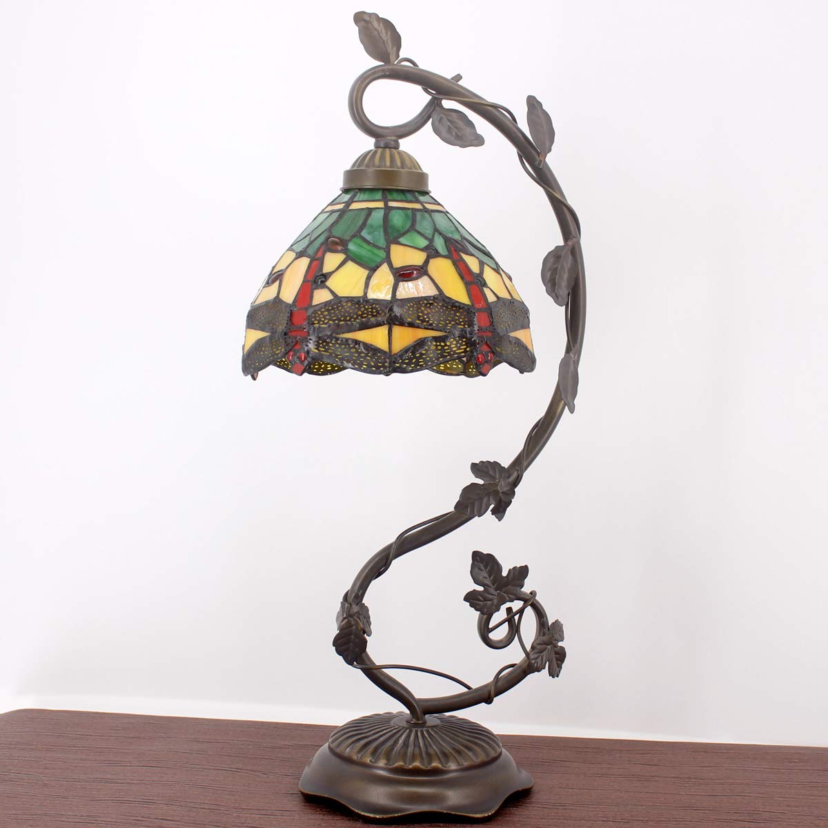 WERFACTORY Tiffany Lamp Green Yellow Stained Glass Dragonfly Style Table Lamp Metal Leaf Base 8X10X21 Inches Desk Light Decor Small Space Bedroom Home Office S009G Series
