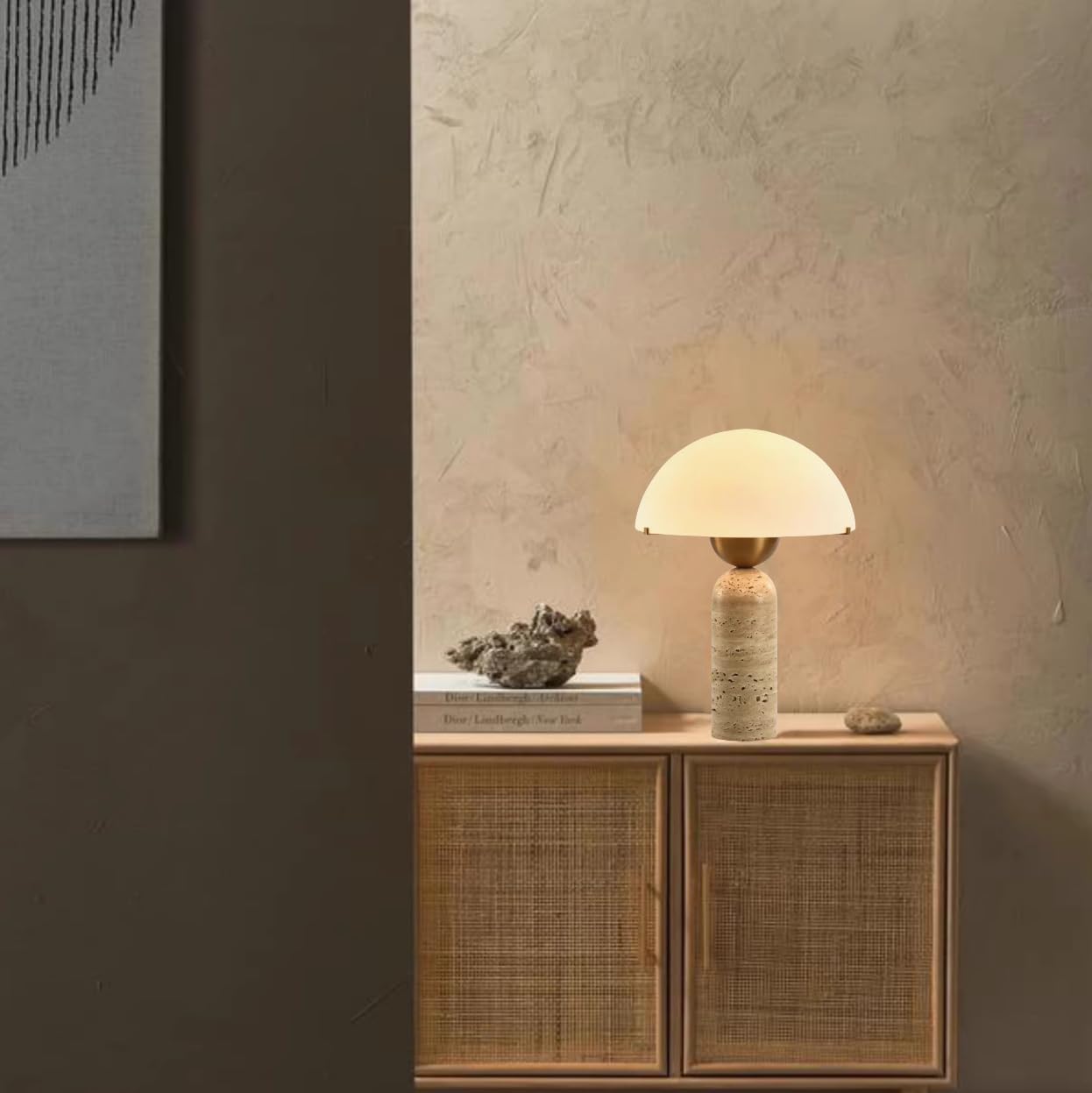 LIFENICEST Scandinavian Modern Table Lamp Frosted Glass Shade Travertine Lamp Natural Stone Desk Lamp Mid-Century Dome Bedside Lamps for Living Room Side Lamps Bedroom Nightstand Light