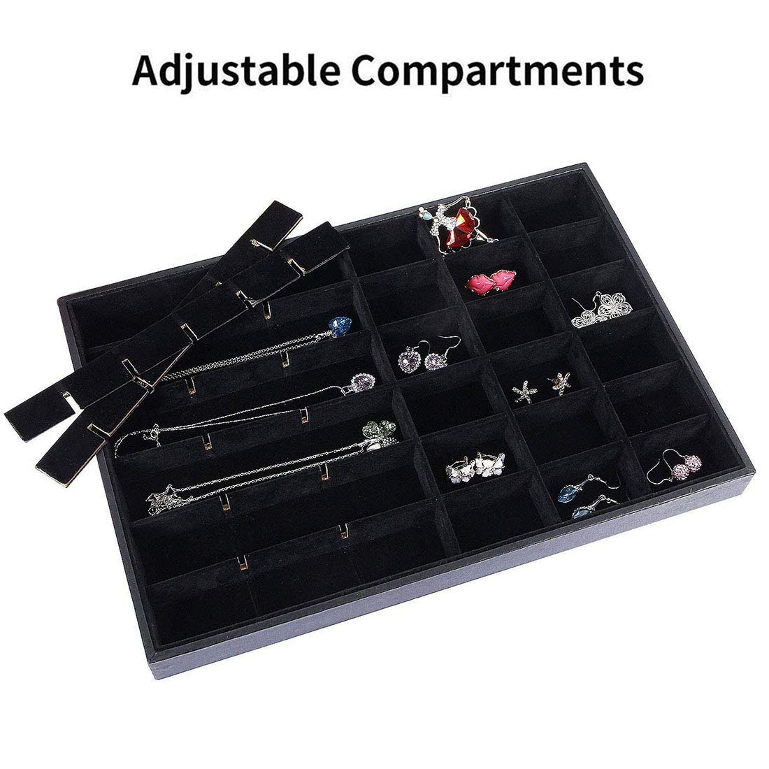 Black Velvet Stackable 36 Compartments Jewelry Tray Showcase Display Organizer Holder Rectangle Storage Box Case Containers Chest for Women Gemstone,Pendant,Key,Marble,Crystal Stone,Accessory,Diamond