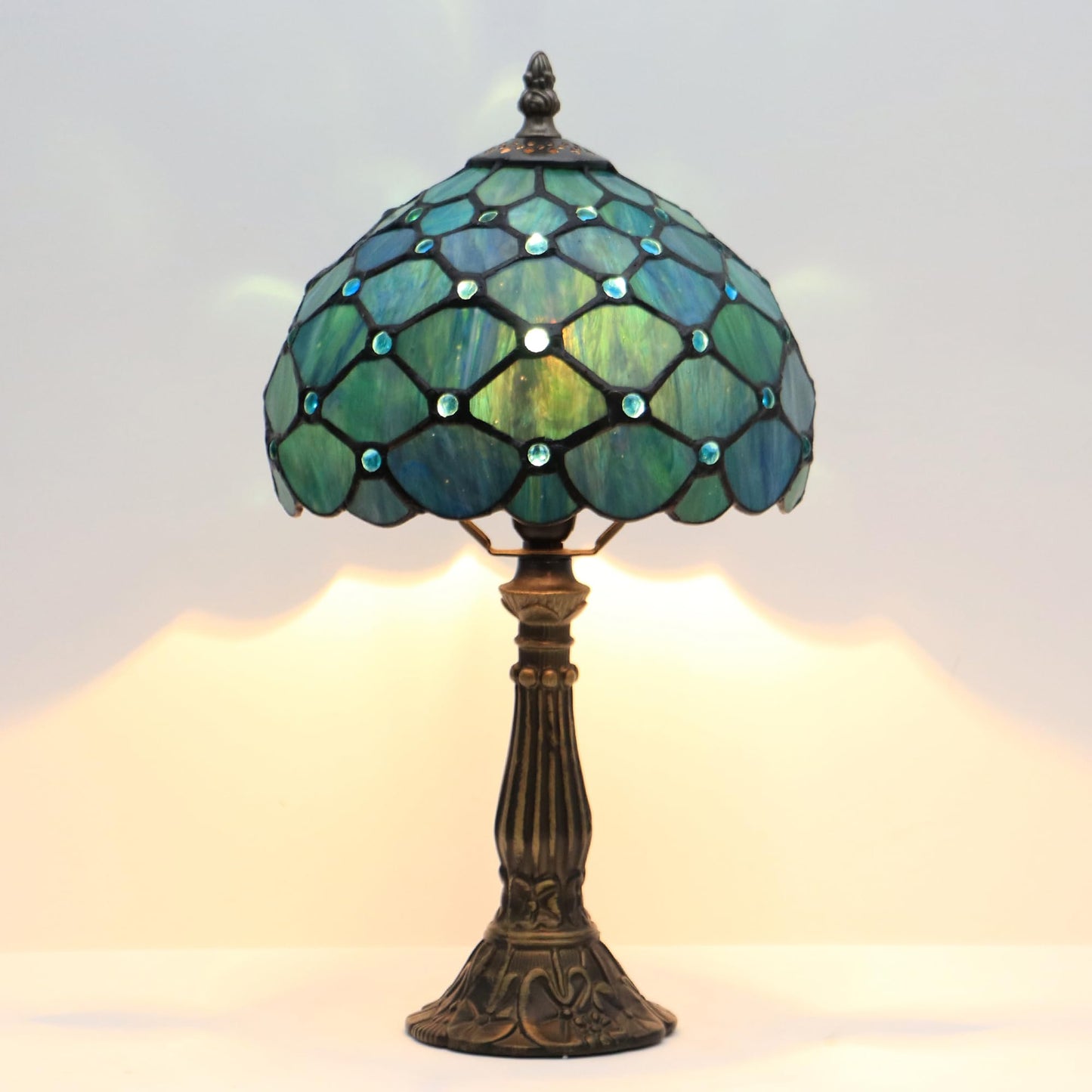 LXHCYOU Small Tiffany Lamp Mini Accent Table Lamp Stained Glass Desk Memory Lamp Sympathy 8X14.5 Inch (Sea Blue Pearl Style)