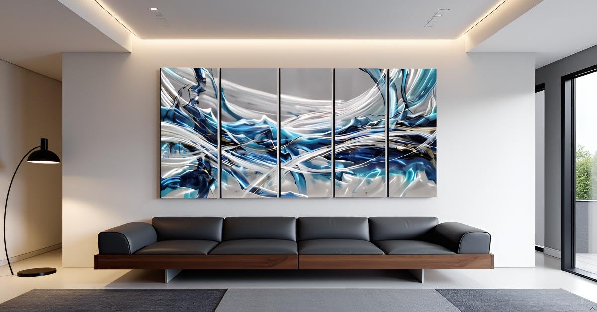 Yihui Arts Large 3D Hand Crafted Abstract Blue Aluminum Metal Wall Art for Bathroom, Kitchen, Dinning Decor