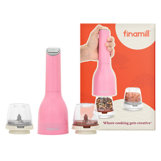 FinaMill Classic Battery Spice Mill – Battery Operated Salt and Pepper Grinder Set, Includes 2 Interchangeable Spice Pods, Adjustable Coarseness, Ceramic Grinder, LED Light, Home and Kitchen Gift Set