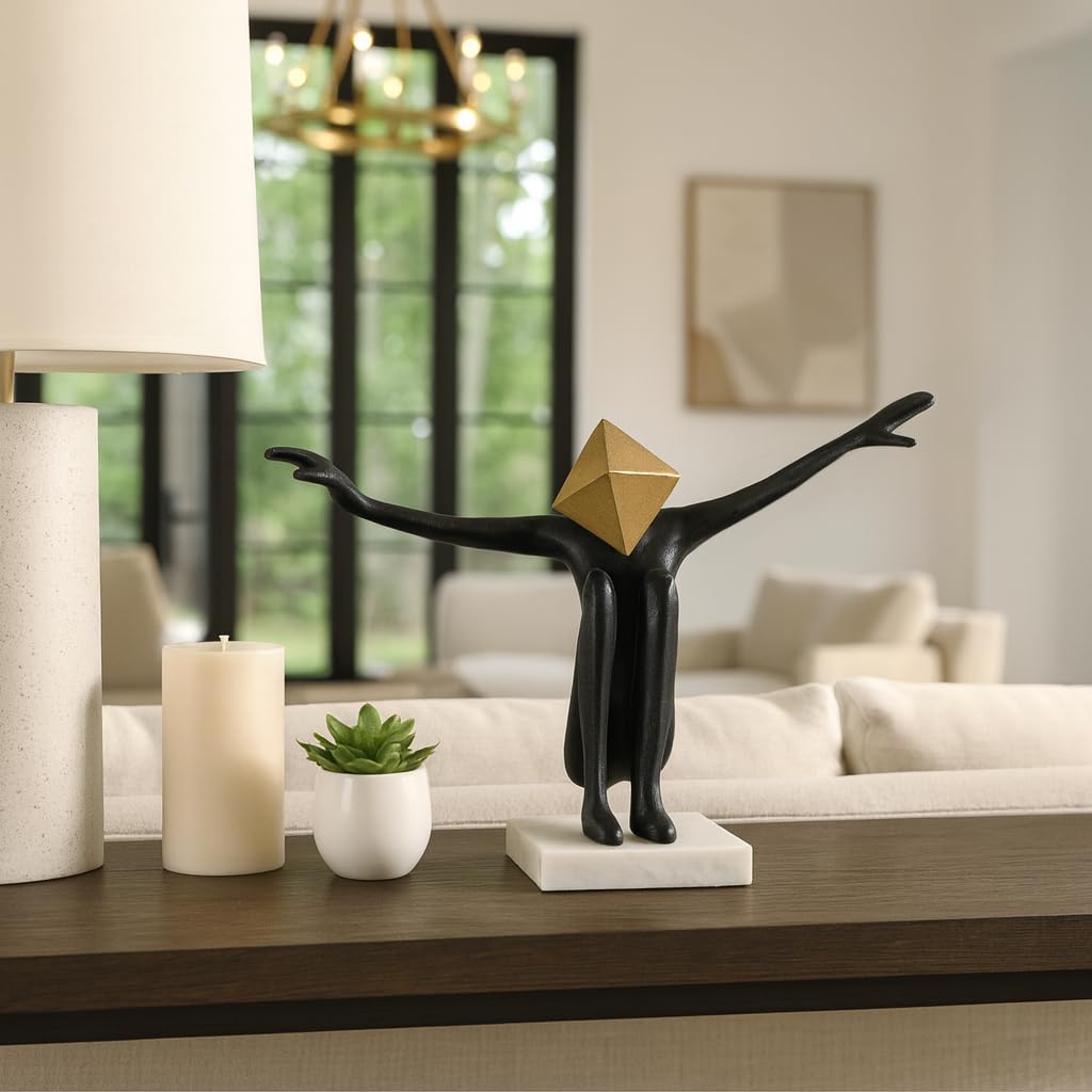 Modern Home and Office Statue for Living Room – Abstract Metal and Marble Figurative Sculpture with Pyramid Head – Elegant Accent for Bedroom, Bathroom, Coffee Table, and Shelf Decor – 8" Black & Gold