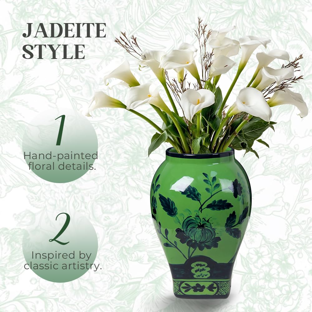 Andaliz Green Floral Ceramic Vase with Black Pattern, Hand-Painted Oriental Vase for Home Decor, 9.4 Inch Table Centerpiece, Modern Chinoiserie Vase