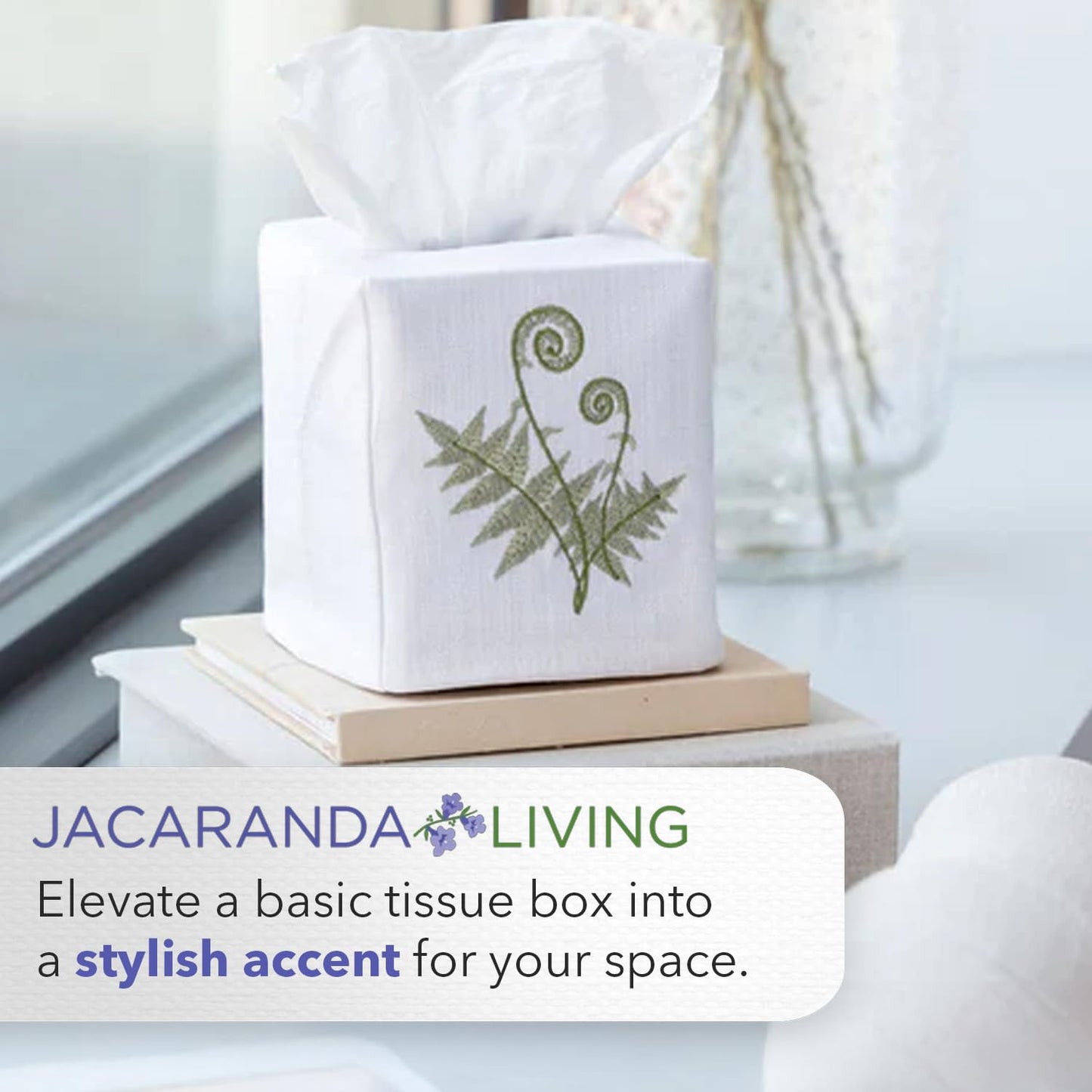 Jacaranda Living Square Tissue Box Cover, Linen/Cotton Fabric Tissue Holder, Decorative Cloth Tissue Cube Cover, Botanical Designs, Apple Blossom (White)