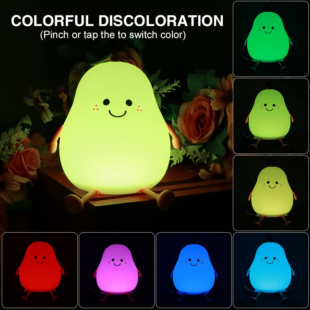 LED Cute Pear Night Light, Rechargeable Silicone Fruit Night Lamp, Kawaii Bedside Lamp, 2 Modes (Warm Light/Multicolor), 30/60 Min Timing, Eye-Protection Portable Nursery Lamp