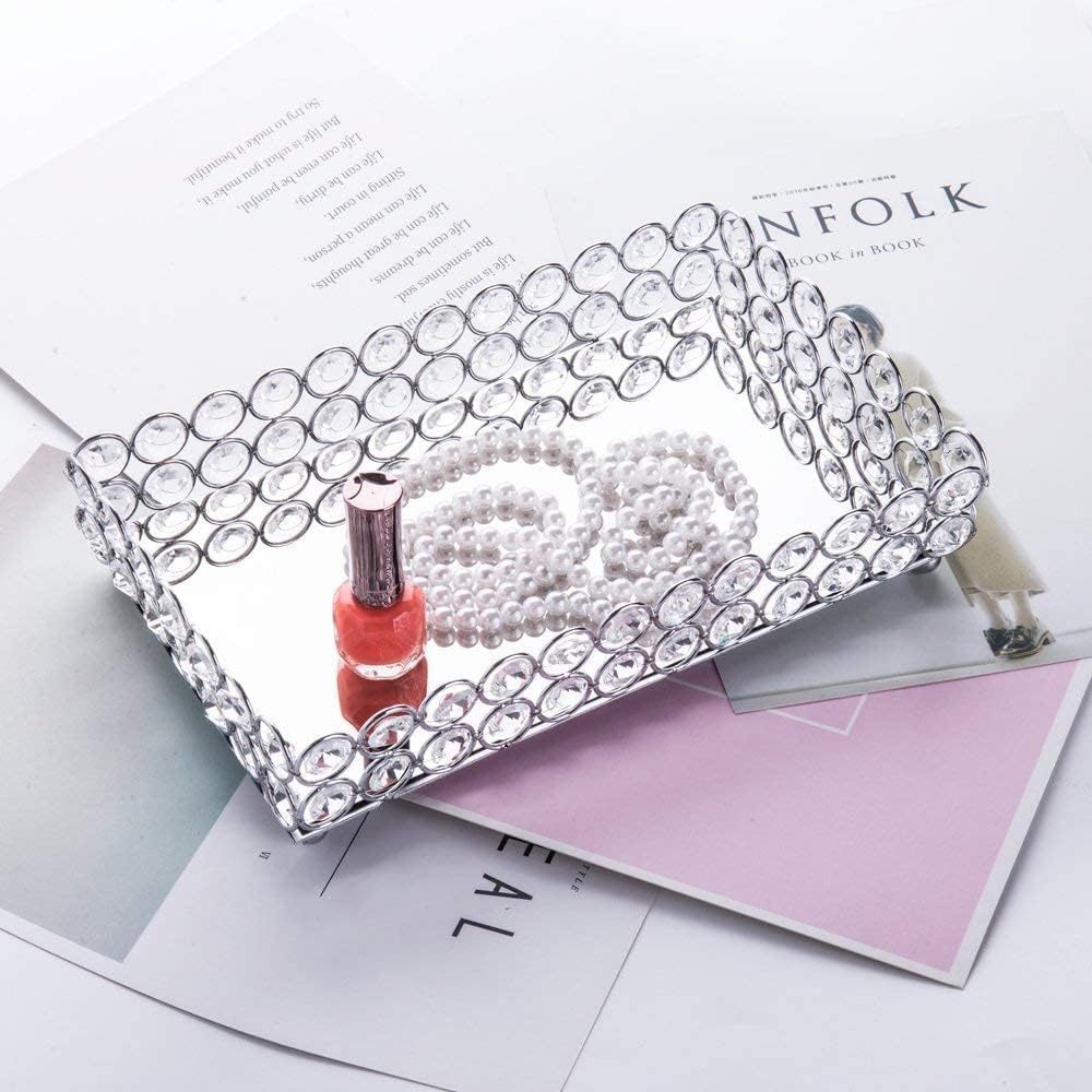 Feyarl Crystal Perfume Tray Cosmetic Makeup Vanity Tray Jewelry Trinket Rings Earrings Organizer Decorative Tray Storage for Home Deco Wedding Dresser Coffee Tabletop Girl Women Gift(10" x 6 "Silver)