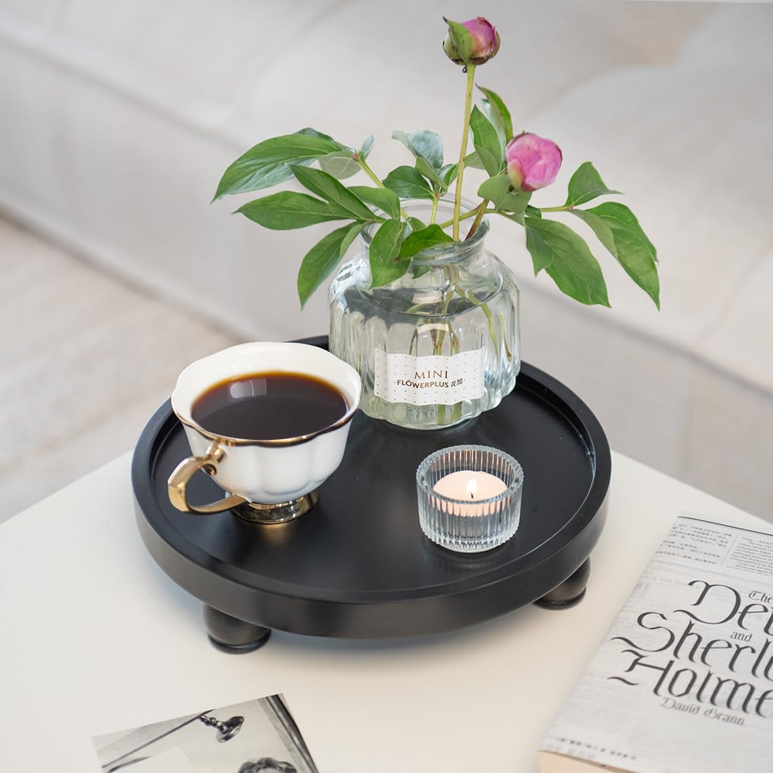 ROSE BLOOM 10 Inch Modern Wood Riser for Display, Farmhouse Pedestal Stand for Bathroom Counter, Kitchen Round Display Tray, Waterproof Organizer for Soap Home Decor (Black)